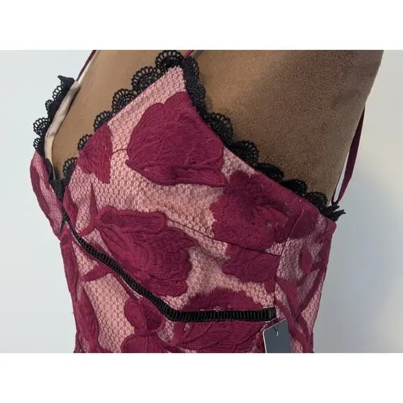 NWT Lulu's Alluring Dream Burgundy Floral Mesh Lace Trumpet Midi Dress Prom S - Picture 5 of 12